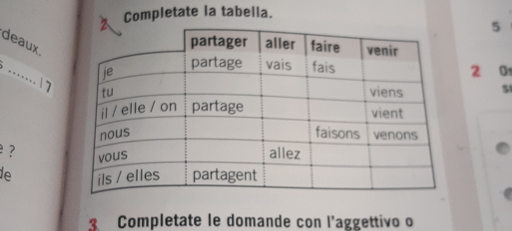 Completate la tabella.
5
deaux
2 0
、 … 1 7
？ 
de 
Completate le domande con l'aggettivo o