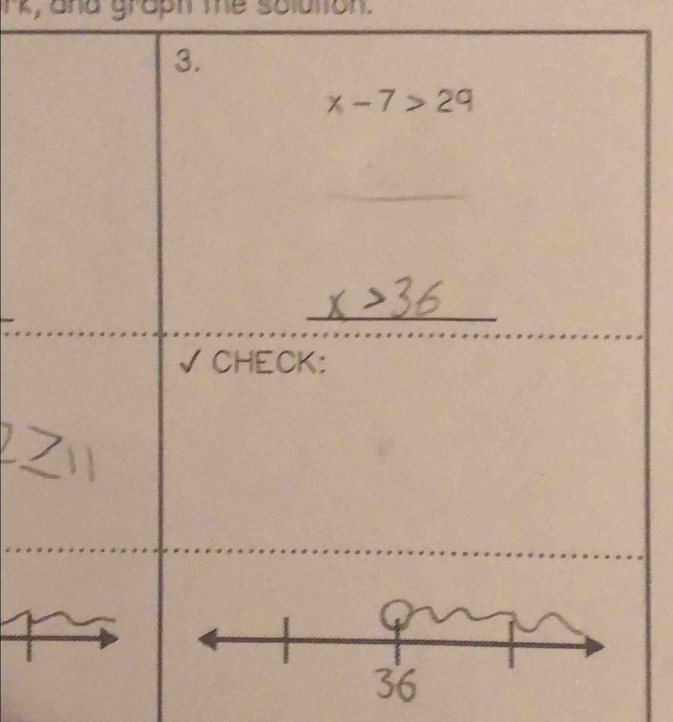 rk, and graph the solution. 
3.
x-7>29
_ 
√ CHECK: