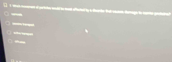 Vihich movement of particles would be mast effected by a disarder that causen damage to carier proteina?
camoele
aive Éaraport
acitive trampart
Gason
n