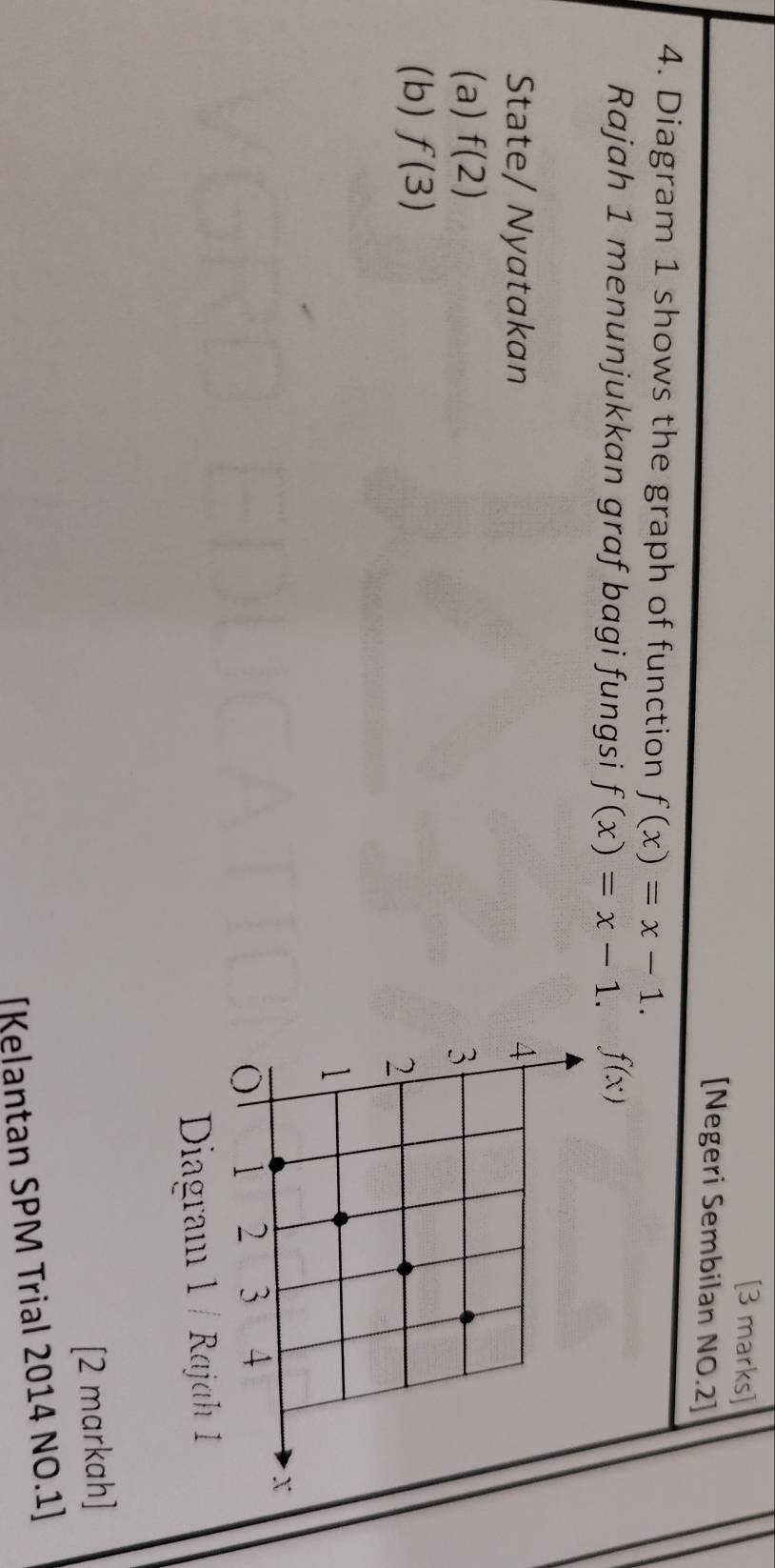 [Negeri Sembilan NO.2] 
4. Diagram 1 shows the graph of function f(x)=x-1. 
Rajah 1 menunjukkan graf bagi fungsi f(x)=x-1. f(x)
State/ Nyatakan 
(a) f(2)
(b) f(3)
Diagram 
[2 markah] 
[Kelantan SPM Trial 2014 NO.1]