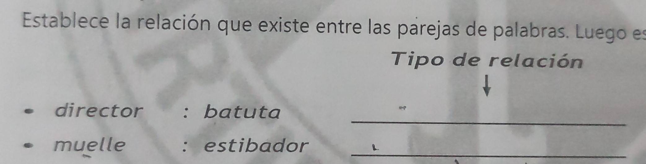 Establece la relación que existe entre las parejas de palabras. Luego es 
Tipo de relación 
_ 
director : batuta 
_ 
muelle : estibador