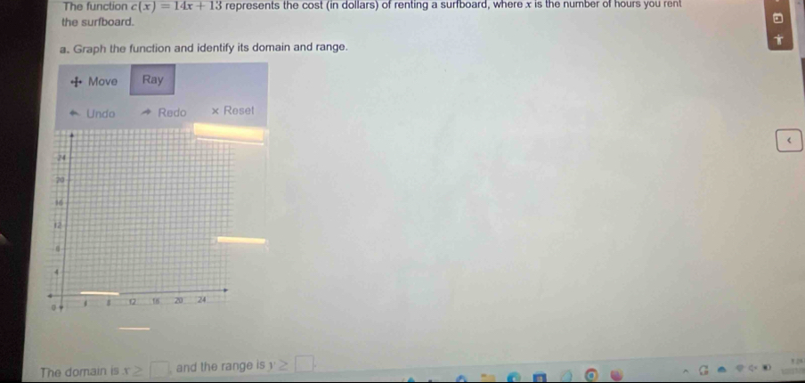 The function c(x)=14x+13 represents the cost (in dollars) of renting a surfboard, where x is the number of hours you rent 
the surfboard. 
i 
a. Graph the function and identify its domain and range. 
Move Ray 
Undo Redo × Reset 
< 
The domain is  x≥ □ , and the range is y≥ □.