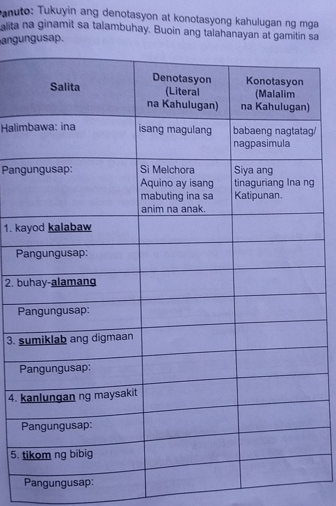 Panuto: Tukuyin ang denotasyon at konotasyong kahulugan ng mga 
salita na ginamit sa talambuhay. Buoin ang talahanayan at gamitin sa 
ang un g us ap. 
Halim/ 
Pan 
g 
1. ka 

2. b
P 
3. s
4. k
5. 
Pangungusap: