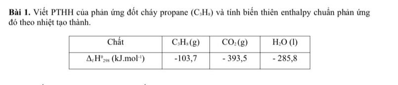 Viết PTHH của phản ứng đốt cháy propane (C₃H.) và tính biến thiên enthalpy chuẩn phản ứng
đó theo nhiệt tạo thành.