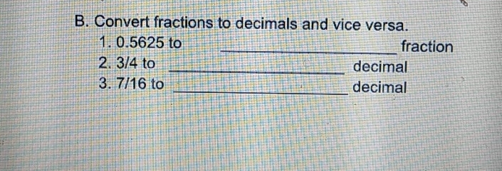 Solved: Convert fractions to decimals and vice versa. 1. 0.5625 to ...