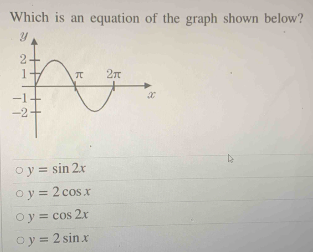 Which is an equation of the graph shown below?
y=sin 2x
y=2cos x
y=cos 2x
y=2sin x