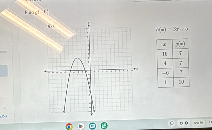 Find g(-6).
h(x)=3x+5
g Out
Oct 16 11