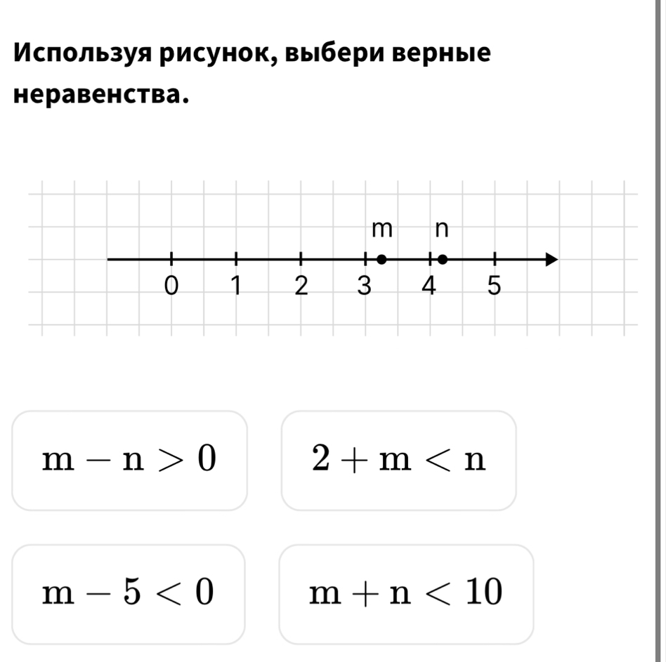 Мсπользуя рисунок, выбери верные
Hepabehctba.
m-n>0
2+m
m-5<0</tex>
m+n<10</tex>