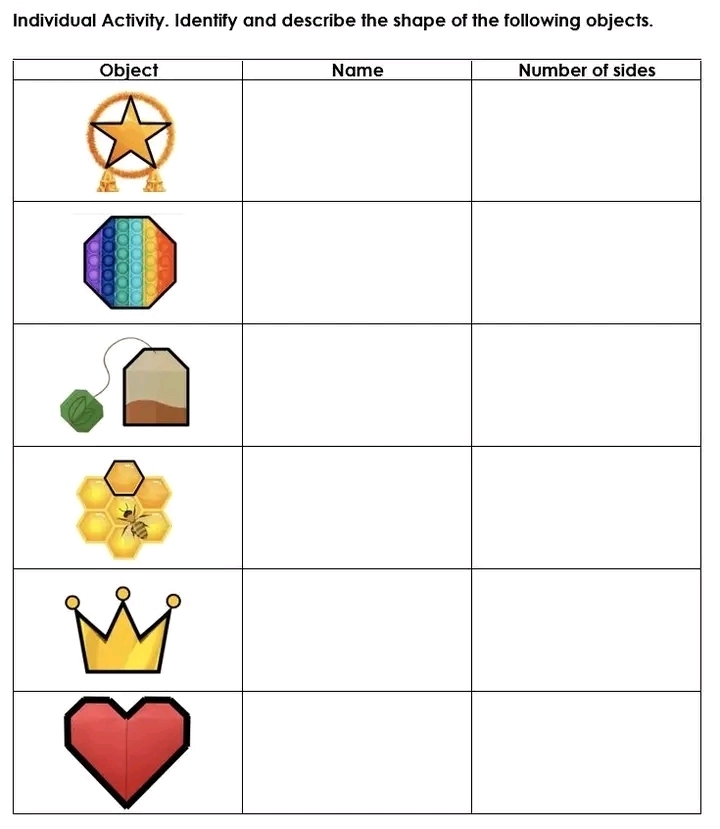 Individual Activity. Identify and describe the shape of the following objects.