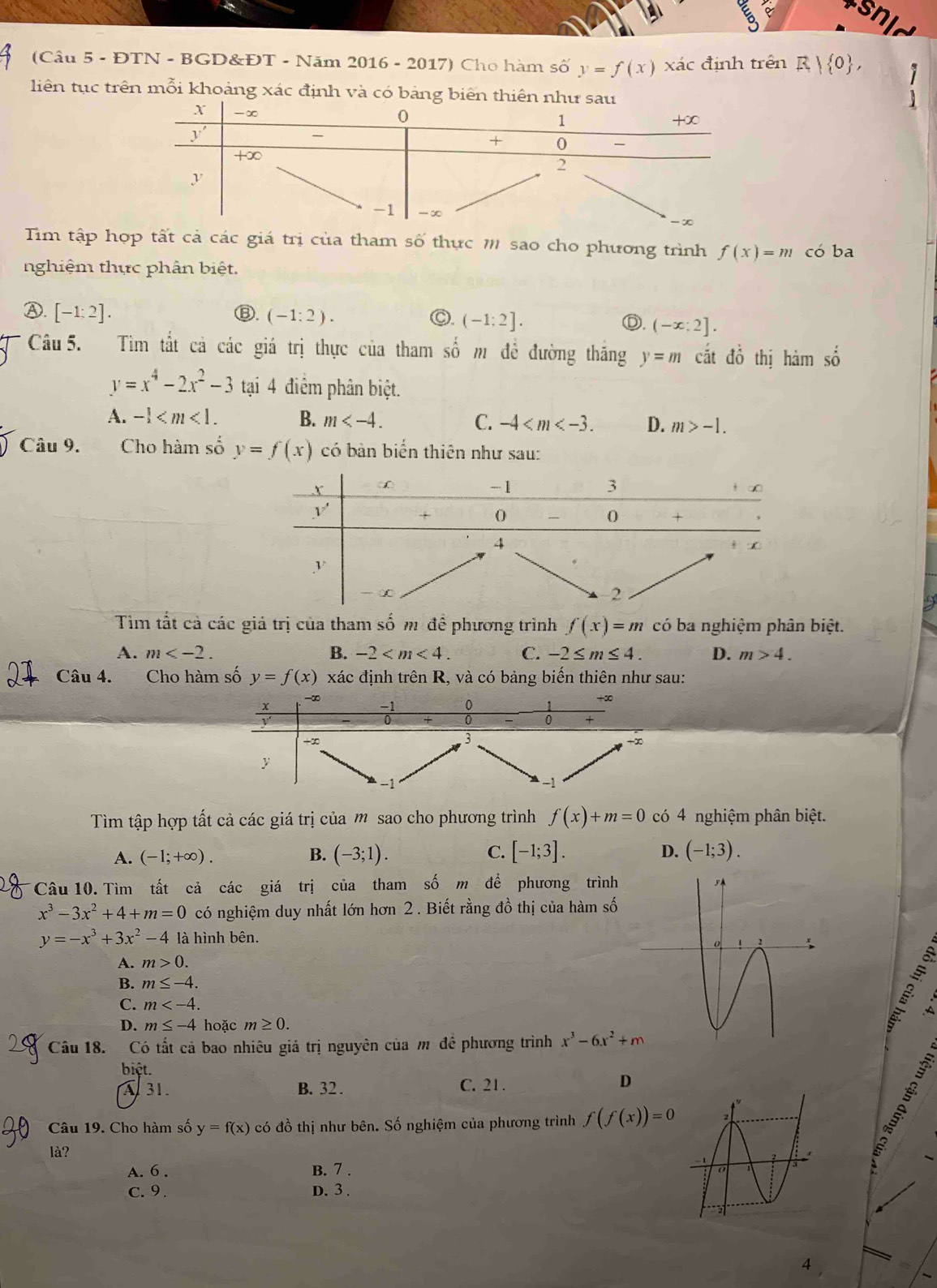 sn
(Câu 5 - ĐTN - BGD&ĐT - Năm 2016 - 2017) Cho hàm số y=f(x) xác định trên R| 0 ,
liên tục trên mỗi khoảng xác định và có bảng biên thiên
Tim tập hợp tất cả các giá trị của tham số thực m sao cho phương trình f(x)=m có ba
nghiệm thực phân biệt.
Ⓐ. [-1:2]. Ⓑ. (-1:2). ◎. (-1:2].
Ⓓ. (-x:2].
Câu 5. Tìm tắt cả các giá trị thực của tham số m đề đường thăng y=m cắt đổ thị hàm số
y=x^4-2x^2-3 tại 4 điểm phân biệt.
A. -1 B. m C. -4 D. m>-1.
Câu 9. Cho hàm số y=f(x) có bản biển thiên như sau:
Tìm tất cả các giá trị của tham số m đề phương trình f(x)=m có ba nghiệm phân biệt.
A. m B. -2 C. -2≤ m≤ 4. D. m>4.
Câu 4. Cho hàm số y=f(x) xác định trên R, và có bảng biến thiên như sau:
:
-∞ -1 0
+∞
0 0 0 +
+∞
3
+∞
y
-1 -1
Tìm tập hợp tất cả các giá trị của m sao cho phương trình f(x)+m=0 có 4 nghiệm phân biệt.
C.
A. (-1;+∈fty ). B. (-3;1). [-1;3]. D. (-1;3).
*Câu 10. Tìm tất cả các giá trị của tham số m để phương trình
x^3-3x^2+4+m=0 có nghiệm duy nhất lớn hơn 2 . Biết rằng đồ thị của hàm số
y=-x^3+3x^2-4 là hình bên.
A. m>0.
B. m≤ -4.
C. m
D. m≤ -4 hoặc m≥ 0.

Câu 18. Có tất cả bao nhiêu giả trị nguyên của m đề phương trình x^3-6x^2+m

biệt.
A31. B. 32 . C. 21 .
D
Câu 19. Cho hàm số y=f(x) có đồ thị như bên. Số nghiệm của phương trình f(f(x))=0
là?
A. 6 . B. 7 .
C. 9. D. 3 .
_
4
_