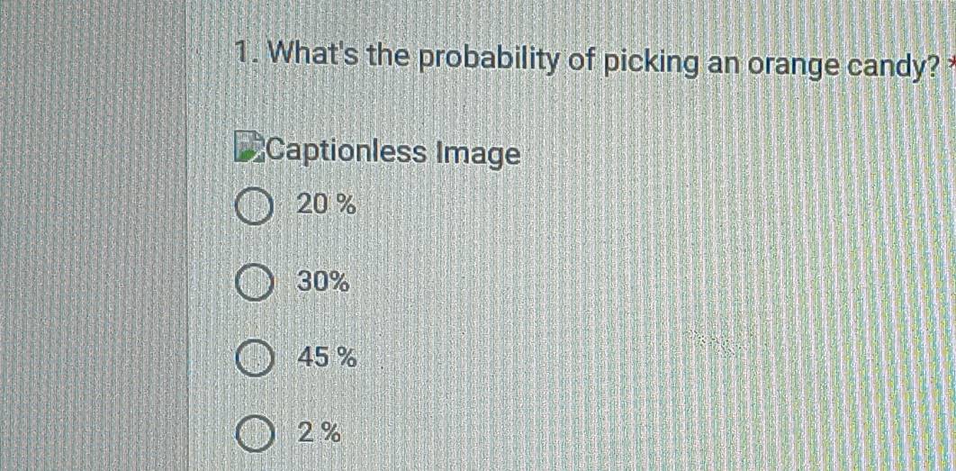 What's the probability of picking an orange candy?
Captionless Image
20 %
30%
45 %
2 %