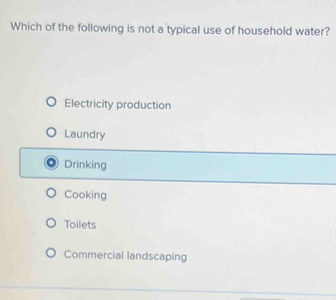 Which of the following is not a typical use of household water?
Electricity production
Laundry
Drinking
Cooking
Toilets
Commercial landscaping