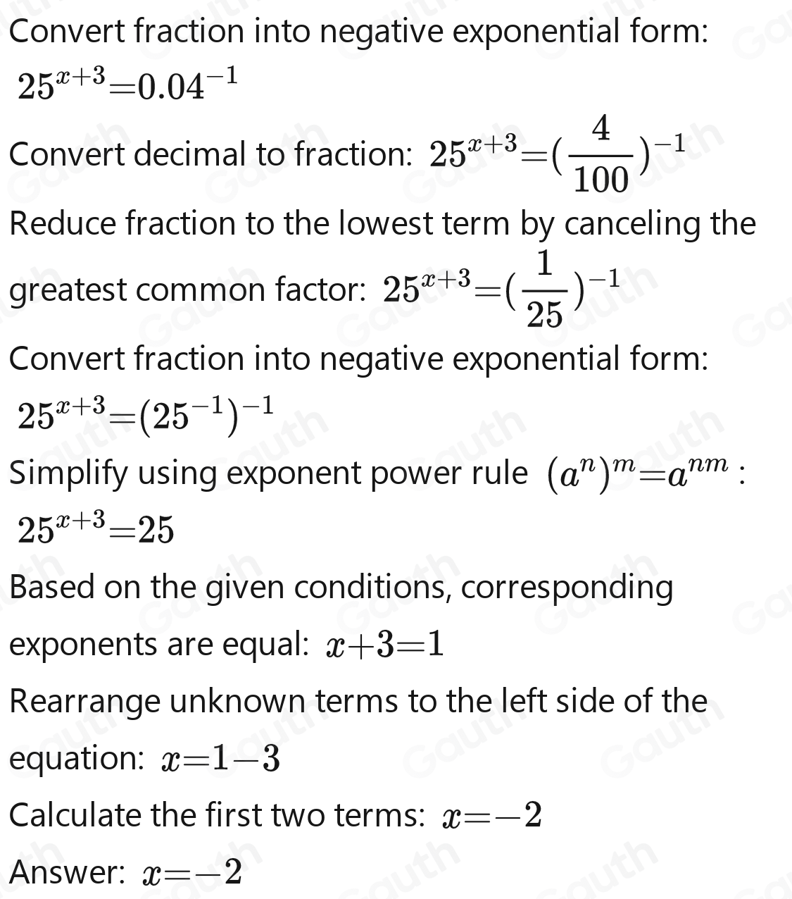 Solved: 25^(x+3)= 1/0.04 solution [Math]