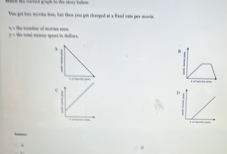 Aack the currect graph to the story below 
Yoe get two movins free, but then you get charged at a fixed rate per movie.
x = the wumber of movies seen.
1= the total moncy spent in dollars. 
B 

e 
D 

A 
B