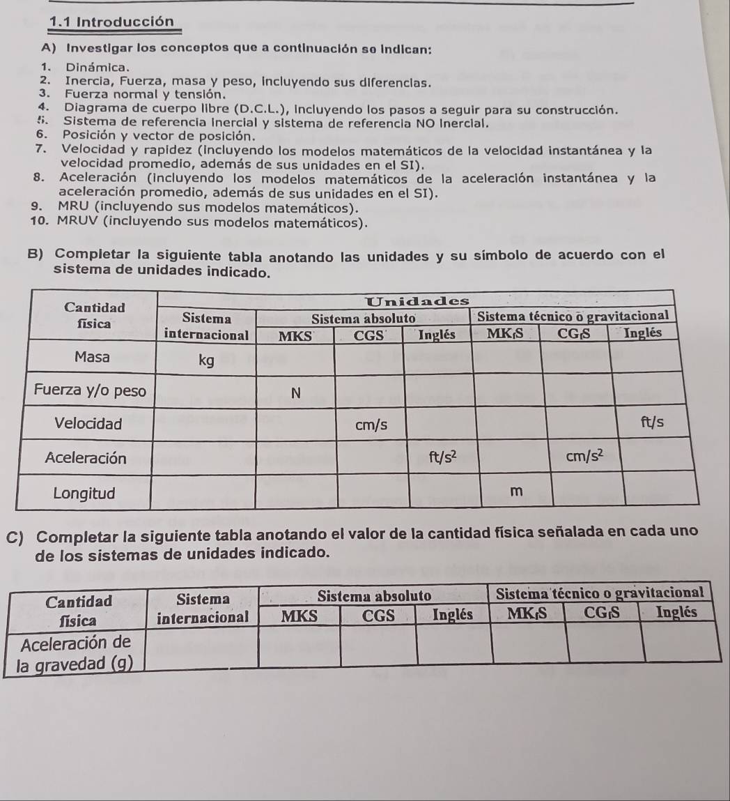 1.1 Introducción
A) Investigar los conceptos que a continuación se indican:
1. Dinámica.
2. Inercia, Fuerza, masa y peso, incluyendo sus diferencias.
3. Fuerza normal y tensión.
4. Diagrama de cuerpo libre (D.C.L.) , incluyendo los pasos a seguir para su construcción.
5. Sistema de referencia Inercial y sistema de referencia NO Inercial.
6. Posición y vector de posición.
7. Velocidad y rapídez (incluyendo los modelos matemáticos de la velocidad instantánea y la
velocidad promedio, además de sus unidades en el SI).
8. Aceleración (incluyendo los modelos matemáticos de la aceleración instantánea y la
aceleración promedio, además de sus unidades en el SI).
9. MRU (incluyendo sus modelos matemáticos).
10. MRUV (incluyendo sus modelos matemáticos).
B) Completar la siguiente tabla anotando las unidades y su símbolo de acuerdo con el
sistema de unidades indicado.
C) Completar la siguiente tabla anotando el valor de la cantidad física señalada en cada uno
de los sistemas de unidades indicado.