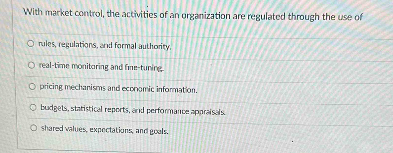 With market control, the activities of an organization are regulated through the use of
rules, regulations, and formal authority.
real-time monitoring and fine-tuning.
pricing mechanisms and economic information.
budgets, statistical reports, and performance appraisals.
shared values, expectations, and goals.