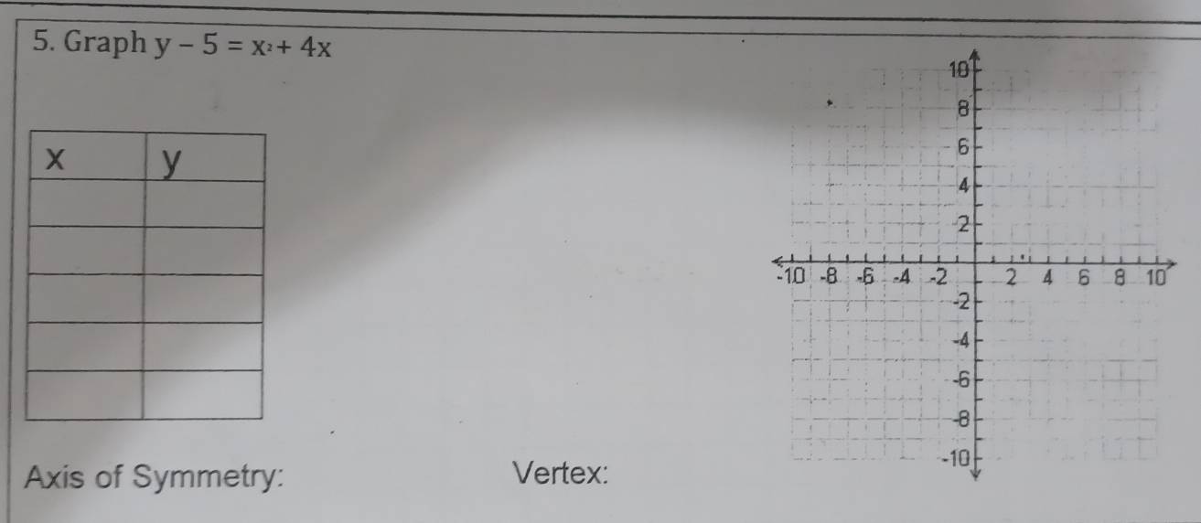 Graph y-5=x^2+4x
Axis of Symmetry: 
Vertex: