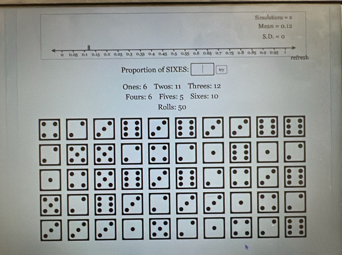 Sirulations =2
Mean =0.12
S.D.=0
Proportion of SIXES: try 
Ones: 6 Twos: 11 Threes: 12
Fours: 6 Fives: 5 Sixes: 10
Rolls: 50