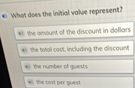 What does the initial value represent?
the amount of the discount in dollars
the total cost, including the discount
the number of guests
the cost per guest