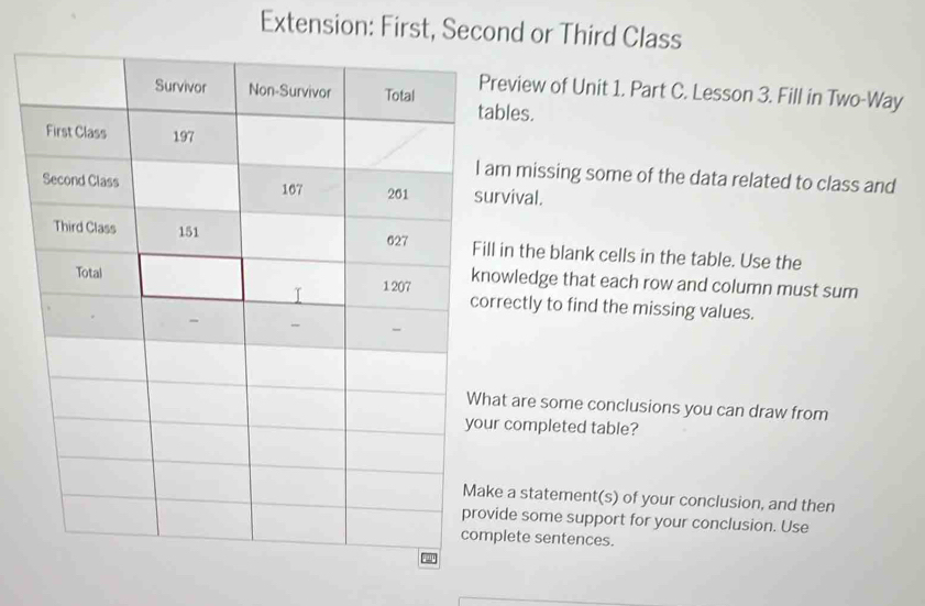 Extension: First, Second or Third Class 
eview of Unit 1. Part C. Lesson 3. Fill in Two-Way 
bles. 
m missing some of the data related to class and 
rvival. 
in the blank cells in the table. Use the 
wledge that each row and column must sum 
rectly to find the missing values. 
t are some conclusions you can draw from 
completed table? 
e a statement(s) of your conclusion, and then 
ide some support for your conclusion. Use 
lete sentences.