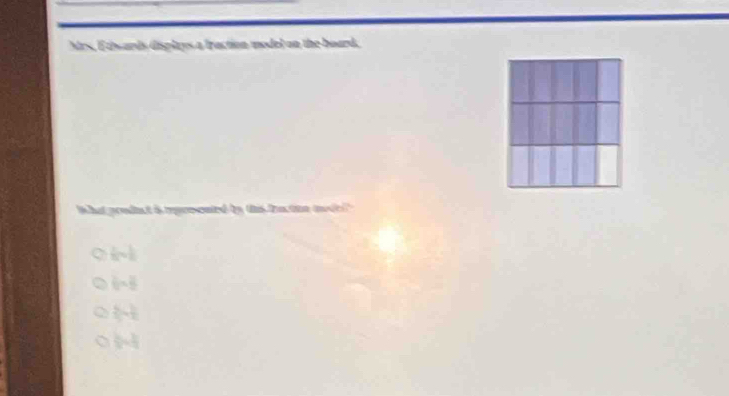 Mrs, Edwards displays a fraction model on the board,
What prodnct i mprsented by this bactitn medel?"
 1/6 n+ 1/6 
(-
 6/5 - 3/2 
frac b)^a= 3/4 