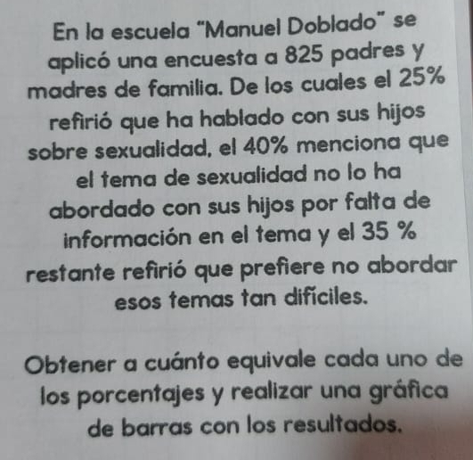 En la escuela “Manuel Doblado” se 
aplicó una encuesta a 825 padres y 
madres de familia. De los cuales el 25%
refirió que ha hablado con sus hijos 
sobre sexualidad, el 40% menciona que 
el tema de sexualidad no lo ha 
abordado con sus hijos por falta de 
información en el tema y el 35 %
restante refirió que prefiere no abordar 
esos temas tan difíciles. 
Obtener a cuánto equivale cada uno de 
los porcentajes y realizar una gráfica 
de barras con los resultados.