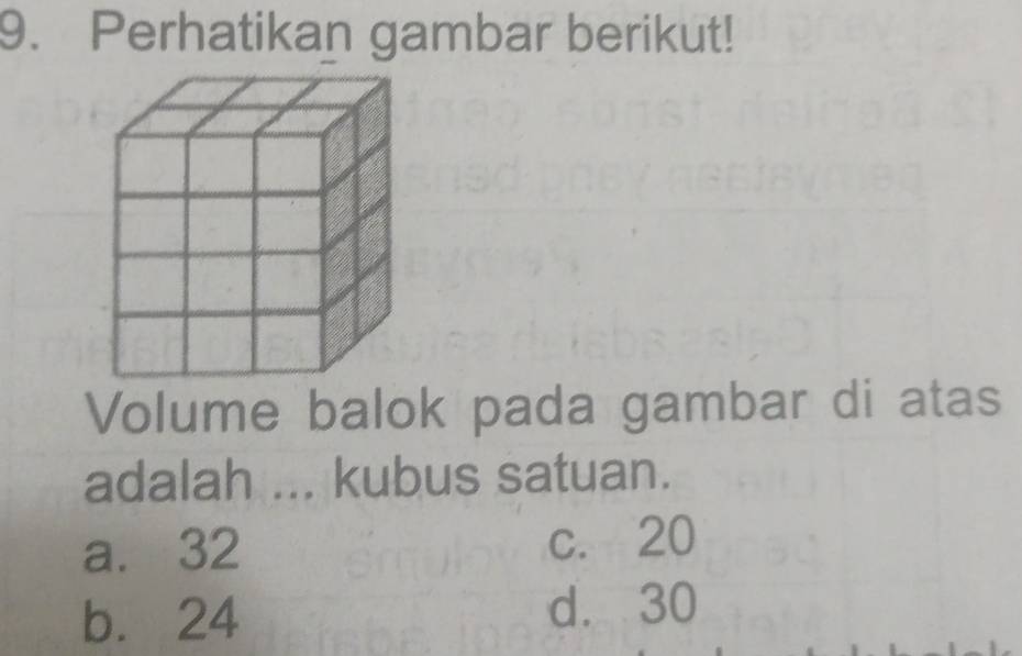 Perhatikan gambar berikut!
Volume balok pada gambar di atas
adalah ... kubus satuan.
a. 32 c. 20
b. 24 d. 30