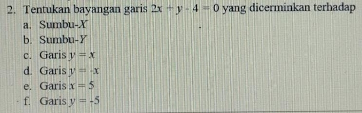 Tentukan bayangan garis 2x+y-4=0 yang dicerminkan terhadap
a. Sumbu- X
b. Sumbu- Y
c. Garis y=x
d. Garis y=-x
e. Garis x=5
f. Garis y=-5