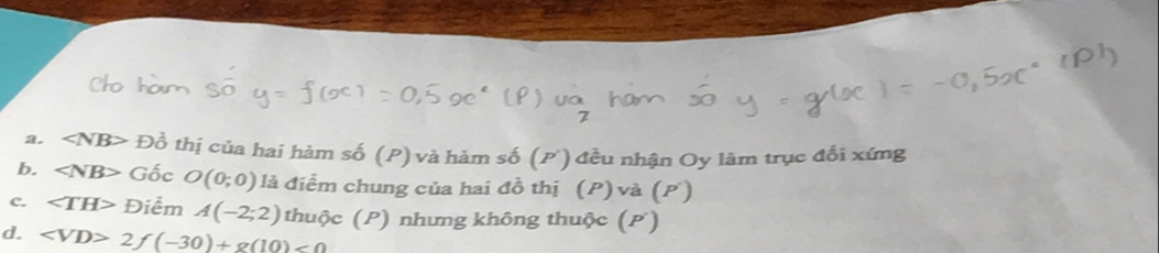 ∠ NB> Đồ thị của hai hàm số (P) và hàm số (P ') đều nhận Oy làm trục đối xứng 
b. ∠ NB> O(0;0) là điểm chung của hai đồ thị (P) và (P) 
c. ∠ TH> Điểm A(-2;2) thuộc (P) nhưng không thuộc (P) 
d. ∠ VD>2 f (-30)+g(10)<0</tex>