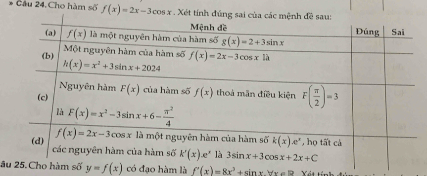 Cầu 24. Cho hàm số f(x)=2x-3cos x
âu y=f(x) có đạo hàm là f'(x)=8x^3+sin x.forall x∈ R Xét tính đ