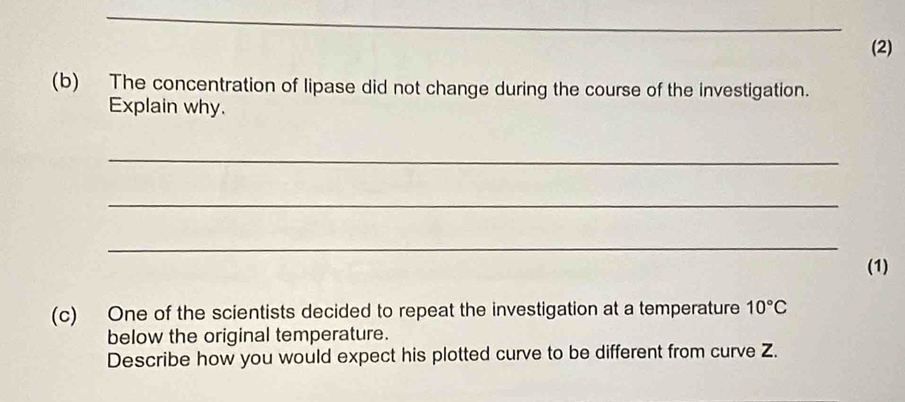 (2) 
(b) The concentration of lipase did not change during the course of the investigation. 
Explain why. 
_ 
_ 
_ 
(1) 
(c) One of the scientists decided to repeat the investigation at a temperature 10°C
below the original temperature. 
Describe how you would expect his plotted curve to be different from curve Z.