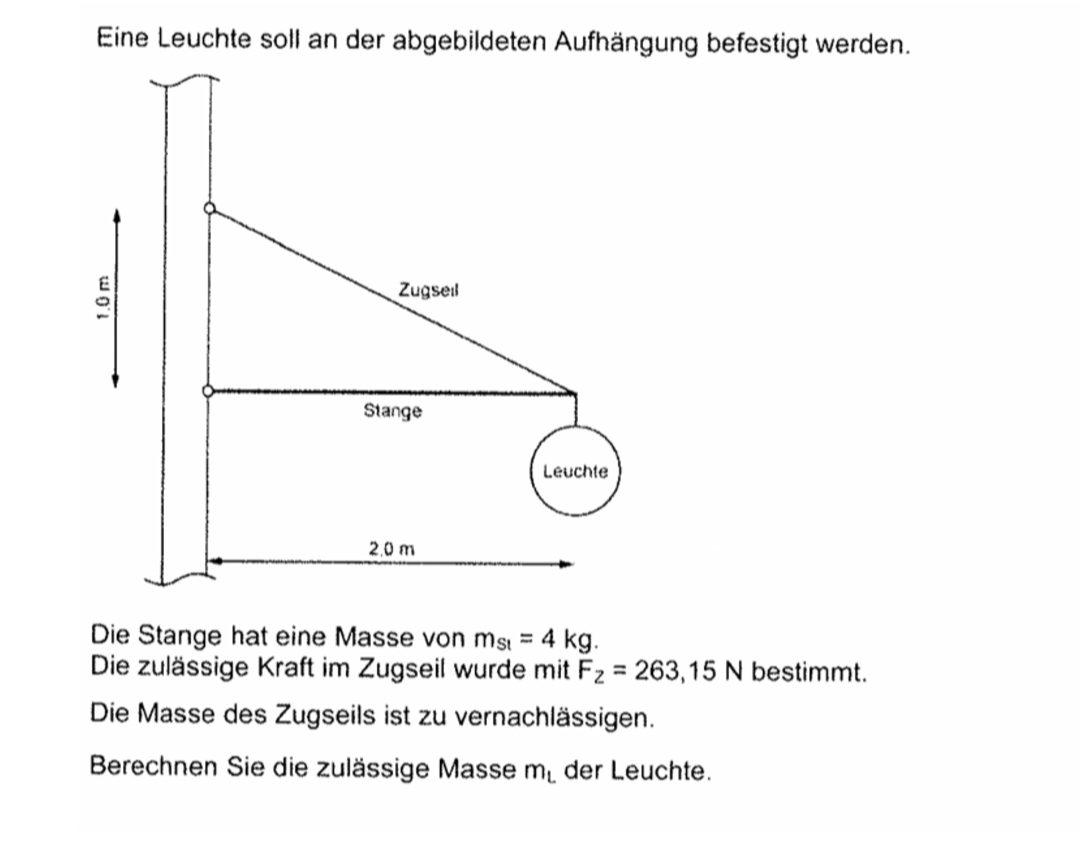 Eine Leuchte soll an der abgebildeten Aufhängung befestigt werden. 
Die Stange hat eine Masse von m_s1=4kg. 
Die zulässige Kraft im Zugseil wurde mit F_2=263,15N bestimmt. 
Die Masse des Zugseils ist zu vernachlässigen. 
Berechnen Sie die zulässige Masse m_L der Leuchte.