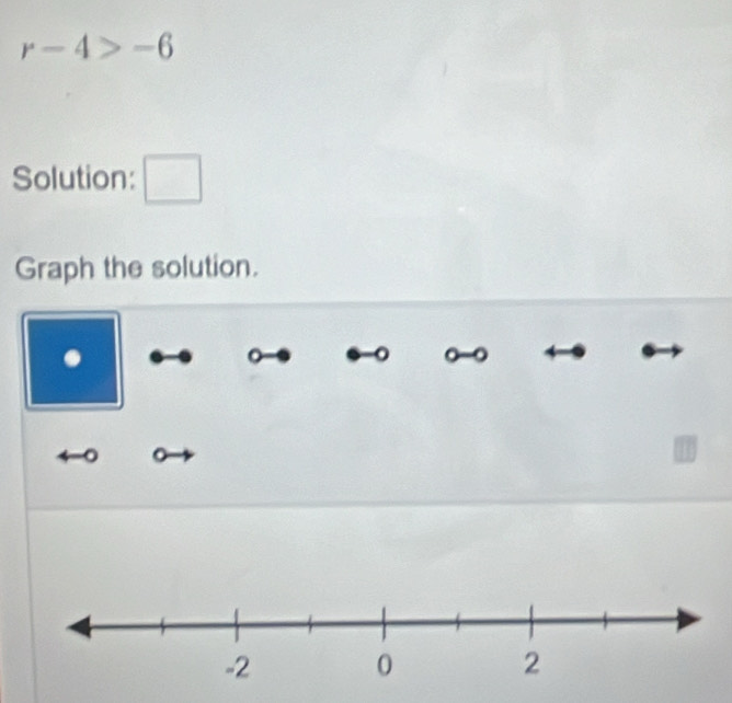 r-4>-6
Solution: □ 
Graph the solution. 
. 
。 
。