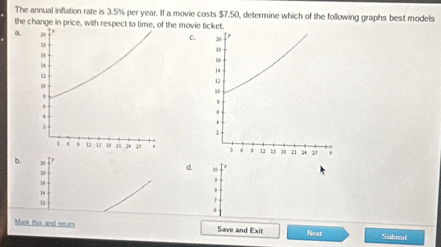 The annual inflation rate is 3.5% per year. If a movie costs $7.50, determine which of the following graphs best models 
the change in price, with respect to time, of the movie ticket. 
a 
c. 

d. 10 y
b. 20 9
1
16
10
u
1
6
Mark this and return Save and Exit Next 
Submt