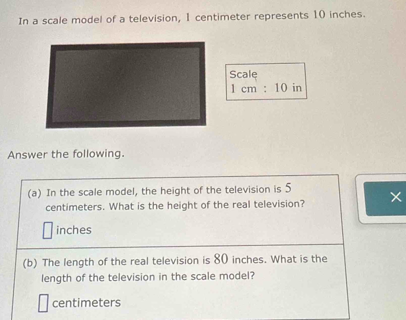 Solved: In a scale model of a television, 1 centimeter represents 10 ...
