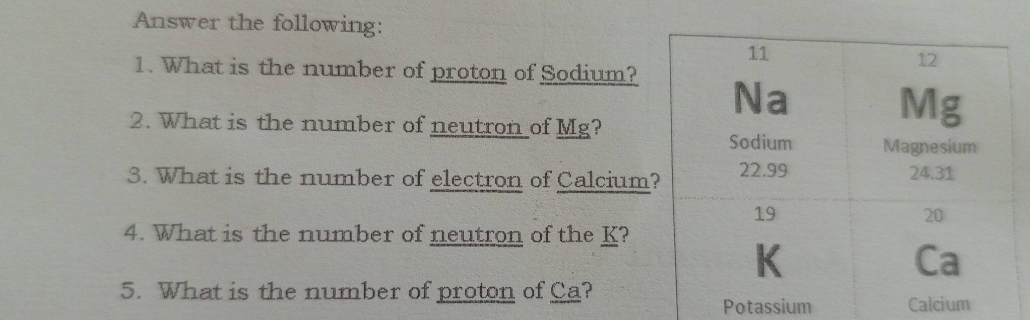 Answer the following: 
1. What is the number of proton of Sodium? 
2. What is the number of neutron of Mg? 
3. What is the number of electron of Calcium 
4. What is the number of neutron of the K? 
5. What is the number of proton of Ca? 
Potassium