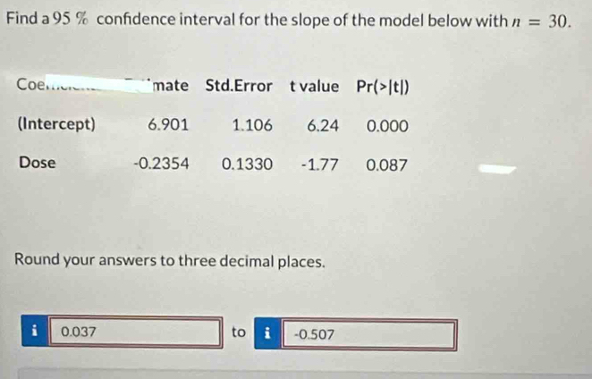 Find a 95 % confdence interval for the slope of the model below with n=30.
Round your answers to three decimal places.
i 0.037 to i -0.507