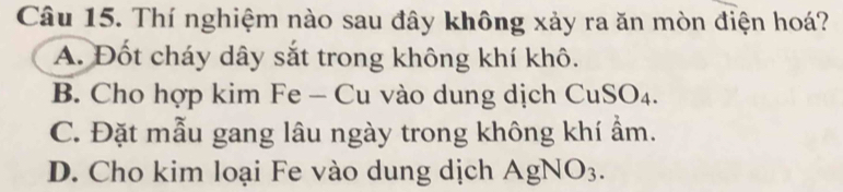 Thí nghiệm nào sau đây không xảy ra ăn mòn điện hoá?
A. Đốt cháy dây sắt trong không khí khô.
B. Cho hợp kim Fe - Cu vào dung dịch CuSO₄.
C. Đặt mẫu gang lâu ngày trong không khí ẩm.
D. Cho kim loại Fe vào dung dịch AgNO₃.