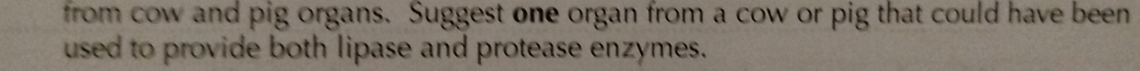 from cow and pig organs. Suggest one organ from a cow or pig that could have been 
used to provide both lipase and protease enzymes.