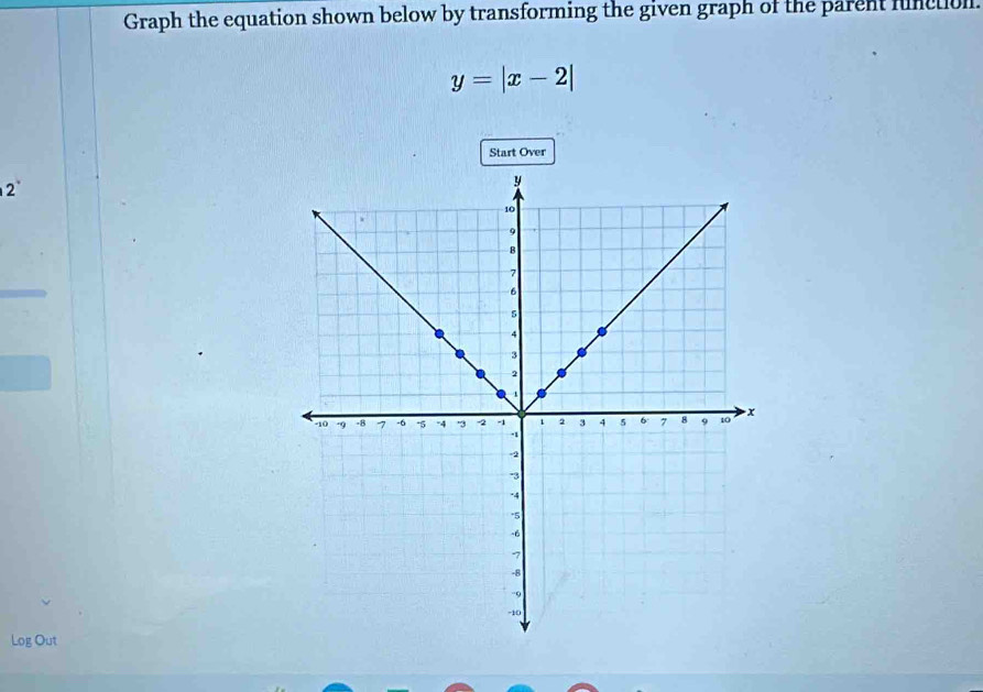 Graph the equation shown below by transforming the given graph of the parent functol.
y=|x-2|
Start Over
2°
Log Out