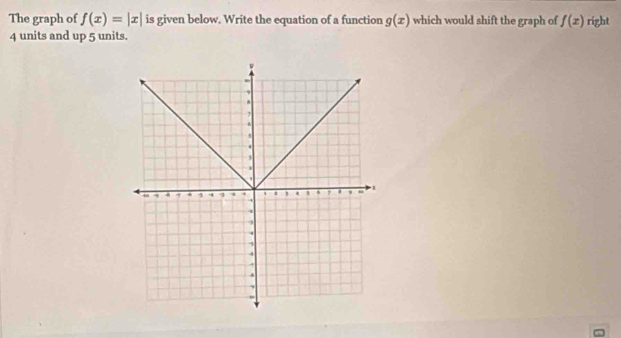 The graph of f(x)=|x| is given below. Write the equation of a function g(x) which would shift the graph of f(x) right
4 units and up 5 units.