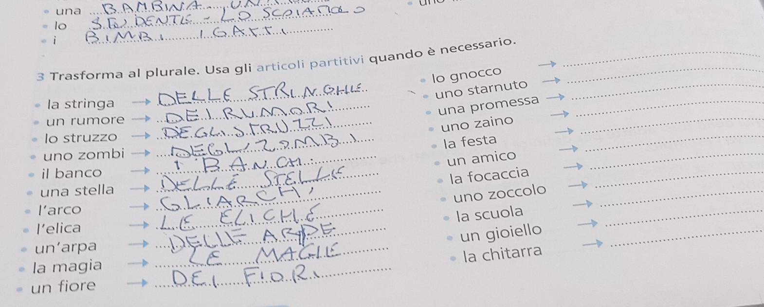 una_ 
_ 
lo 
i 
_ 
3 Trasforma al plurale. Usa gli articoli partitivi quando è necessario.__ 
_ 
lo gnocco 
_uno starnuto_ 
_ 
la stringa_ 
una promessa_ 
un rumore_ 
_ 
uno zaino 
lo struzzo_ 
_ 
la festa 
uno zombi_ 
un amico 
il banco_ 
la focaccia_ 
una stella_ 
uno zoccolo_ 
larco 
la scuola 
lelica 
_ 
_ 
un gioiello_ 
un’arpa_ 
_ 
la chitarra 
la magia_ 
un fiore