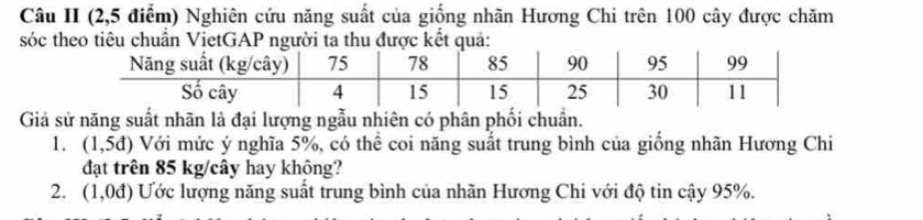 Câu II (2,5 điểm) Nghiên cứu năng suất của giống nhãn Hương Chi trên 100 cây được chăm 
sóc theo tiêu chuẩn VịetGA 
Giả sử năng suất nhãn là đại lượng ngẫu nhiên có phân phối chuẩn. 
1. (1,5d) Với mức ý nghĩa 5%, có thể coi năng suất trung bình của giống nhãn Hương Chi 
đạt trên 85 kg/cây hay không? 
2. (1,0d) Ước lượng năng suất trung bình của nhãn Hương Chi với độ tin cậy 95%.