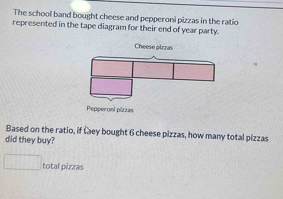 The school band bought cheese and pepperoni pizzas in the ratio 
represented in the tape diagram for their end of year party. 
Based on the ratio, if taey bought 6 cheese pizzas, how many total pizzas 
did they buy? 
□ total pizzas