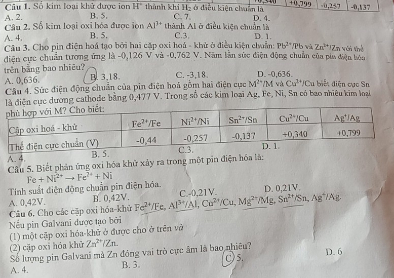 +0,799
Câu 1. Số kim loại khử được ion H^+ thành khí H_2 ở điều kiện chuẩn là -0,257 -0,137
A. 2. B. 5. C. 7. D. 4.
Câu 2. Số kim loại oxi hóa được ion Al^(3+) thành Al ở điều kiện chuẩn là
A. 4. B. 5. C.3. D. 1.
Câu 3. Cho pin điện hoá tạo bởi hai cặp oxỉ hoá - khử ở điều kiện chuẩn: Pb^(2+)/Pb và Zn^(2+)/Z Zn với thế
diện cực chuẩn tương ứng là -0,126 V và -0,762 V. Năm lần sức diện động chuẩn của pin diện hóa
trên bằng bao nhiêu? D. -0,636.
A. 0,636. B. 3,18. C. -3,18. biết diện cực Sn
Câu 4. Sức điện động chuẩn của pin điện hoá gồm hai điện cực M^(2+)/M và Cu^(2+)/Cu
là điện cực dương cathode bằng 0,477 V. Trong số các kim loại Ag, Fe, Ni, Sn có bao nhiêu kim loại
A. 4.
Câu 5. Biết phản ứng oxi hóa khử xảy ra trong một pin điện hóa là:
Fe+Ni^(2+)to Fe^(2+)+Ni
Tính suất điện động chuẩn pin điện hóa.
A. 0,42V. B. 0,42V. Fe^(2+)/Fe,Al^(3+)/Al,Cu^(2+)/Cu,Mg^(2+)/Mg,Sn^(2+)/Sn,Ag^+/Ag. C.-0,21V. D. 0.21V.
Câu 6. Cho các cặp oxi hóa-khử
Nếu pin Galvani được tạo bởi
(1) một cặp oxi hóa-khử ở được cho ở trên và
(2) cặp oxi hóa khử Zn^(2+)/Zn.
Số lượng pin Galvani mà Zn đóng vai trò cực âm là bao nhiêu? D. 6
A. 4. B. 3. C) 5.