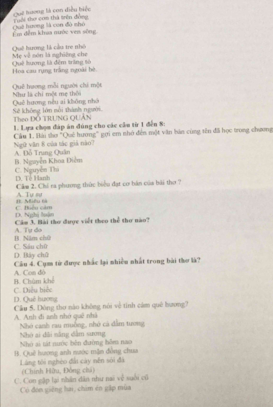 Quê hương là con diều biệc
Tuổi thơ con thả trên đồng
Quê hương là con đò nhỏ
m đềm khua nước ven sông.
Quê hương là cầu tre nhỏ
Mẹ về nón lá nghiêng che
Quê hương là đêm trăng tỏ
Hoa cau rụng trắng ngoài hè.
Quê hương mỗi người chi một
Như là chỉ một mẹ thôi
Quê hương nều ai không nhớ
Sẽ không lớn nổi thành người.
Theo ĐỐ TRUNG QUÂN
1. Lựa chọn đáp án đúng cho các cầu từ 1 đến 8:
Câu 1. Bài thơ "Quê hương" gợi em nhớ đến một văn bản cùng tên đã học trong chương
Ngữ văn 8 của tác giả nào?
A. Đỗ Trung Quận
B. Nguyễn Khoa Điễm
C. Nguyễn Thi
D. Tế Hanh
Câu 2. Chỉ ra phương thức biểu đạt cơ bản của bài thơ ?
A. Tự sự
B. Miêu tả
C. Biểu cảm
D. Nghị luận
Câu 3,. Bài thơ được viết theo thể thơ nào?
A. Tự do
B. Năm chữ
C. Sáu chữ
D. Bảy chữ
Câu 4. Cụm từ được nhấc lại nhiều nhất trong bài thơ là?
A. Con đô
B. Chùm khể
C. Diều biếc
D. Quê hướng
Câu 5. Dông thơ nào không nói về tình cảm quê hương?
A. Anh đi anh nhớ quê nhà
Nhớ canh rau muống, nhớ cả dầm tương
Nhớ ai dãi nằng dẫm sương
Nhớ si tát nước bên đường hôm nao
B. Quê hương anh nước mận đồng chua
Làng tôi nghèo đấi cày nên sỏi đá
(Chính Hữu, Đồng chí)
C. Con gặp lại nhân dân như nai về suối cũ
Có đón giêng hai, chim én gập mùa