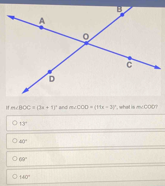 Solved: If m∠ BOC=(3x+1)^circ and m∠ COD=(11x-3)^circ , what is m∠ COD ...