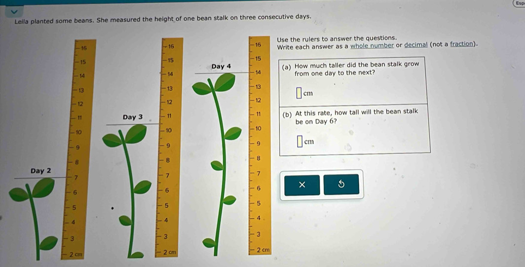 Esp 
Leila planted some beans. She measured the height of one bean stalk on three consecutive days. 
rulers to answer the questions. 
ch answer as a whole number or decimal (not a fraction). 
w much taller did the bean stalk grow 
om one day to the next?
cm
this rate, how tall will the bean stalk 
on Day 6?
cm
× 5
2