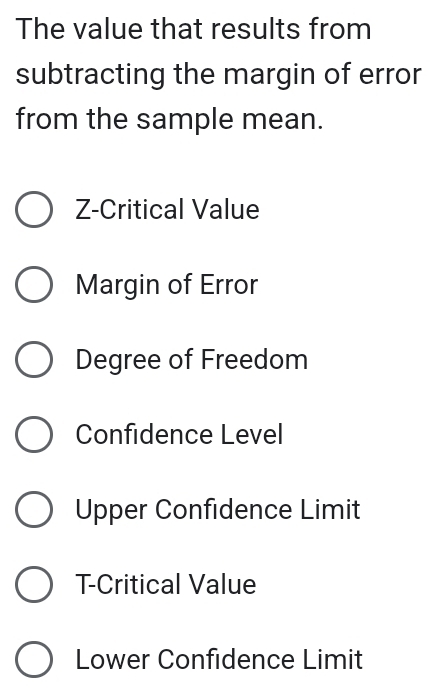 The value that results from
subtracting the margin of error
from the sample mean.
Z -Critical Value
Margin of Error
Degree of Freedom
Confidence Level
Upper Confidence Limit
T -Critical Value
Lower Confidence Limit