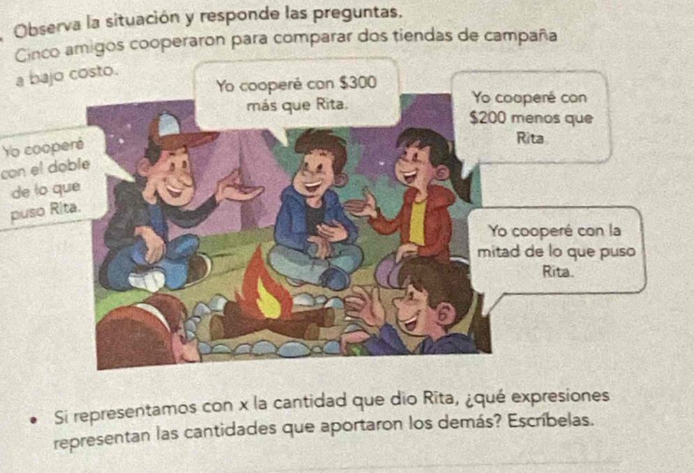 Observa la situación y responde las preguntas. 
Cinco amigos cooperaron para comparar dos tiendas de campaña 
a bajo costo. 
Yo c 
con e 
de 
pus 
Si representamos con x la cantidad que dio Rita, ¿qué expresiones 
representan las cantidades que aportaron los demás? Escríbelas.